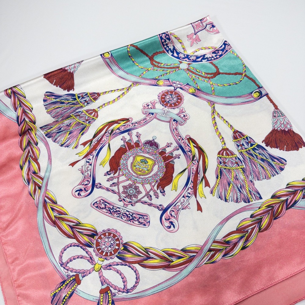 Rectangle Satin Synthetic Scarf Tassel Crest Pink Gold Old Money Classic Prep